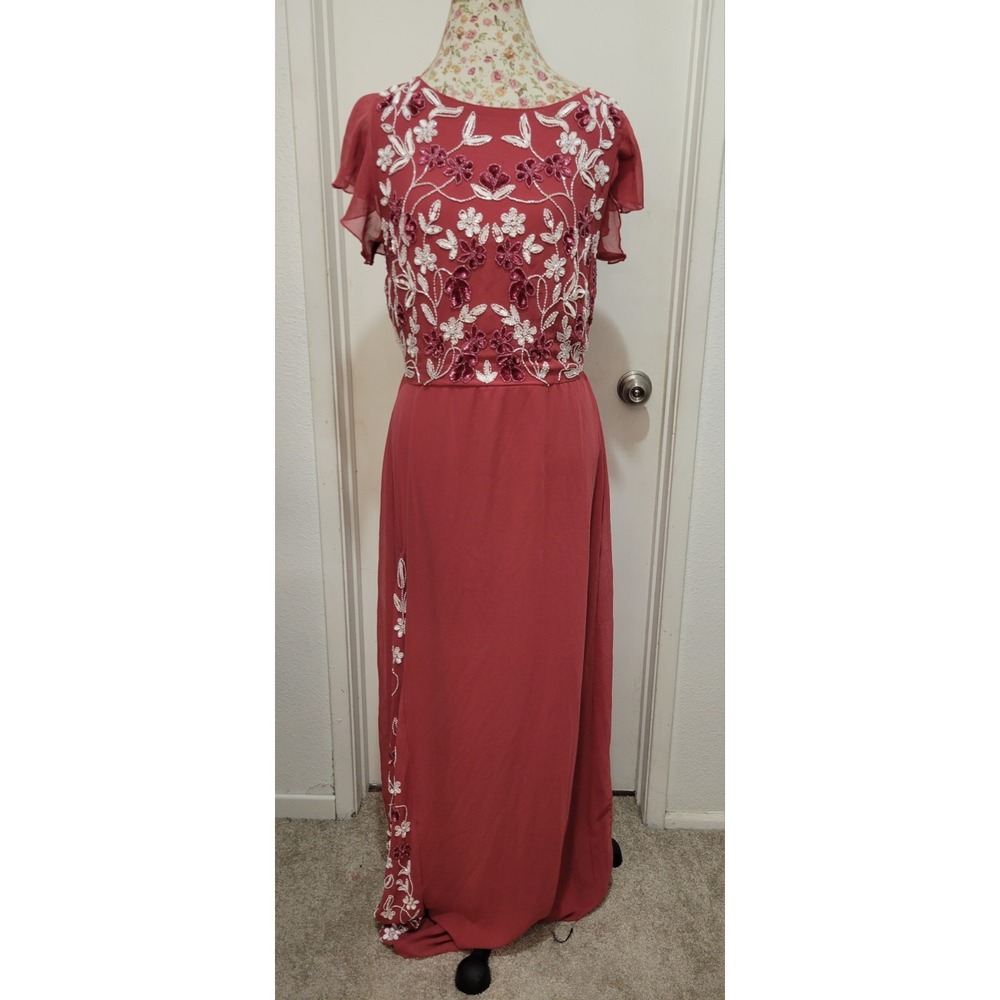 Maya Tall Women Pink Sequin Ruffle Sleeve Formal Wedding Maxi Dress Size 6